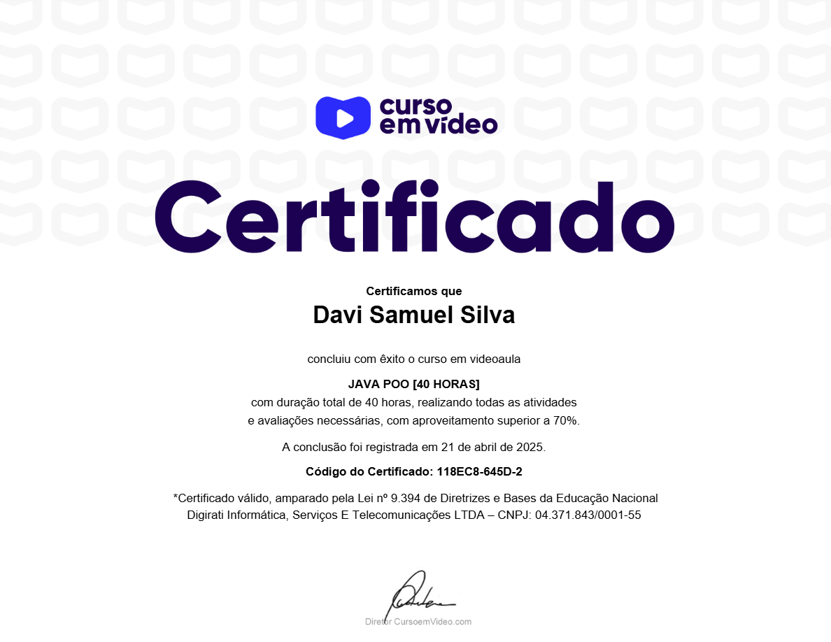 Certificado P.O.O curso em video / Guanabara